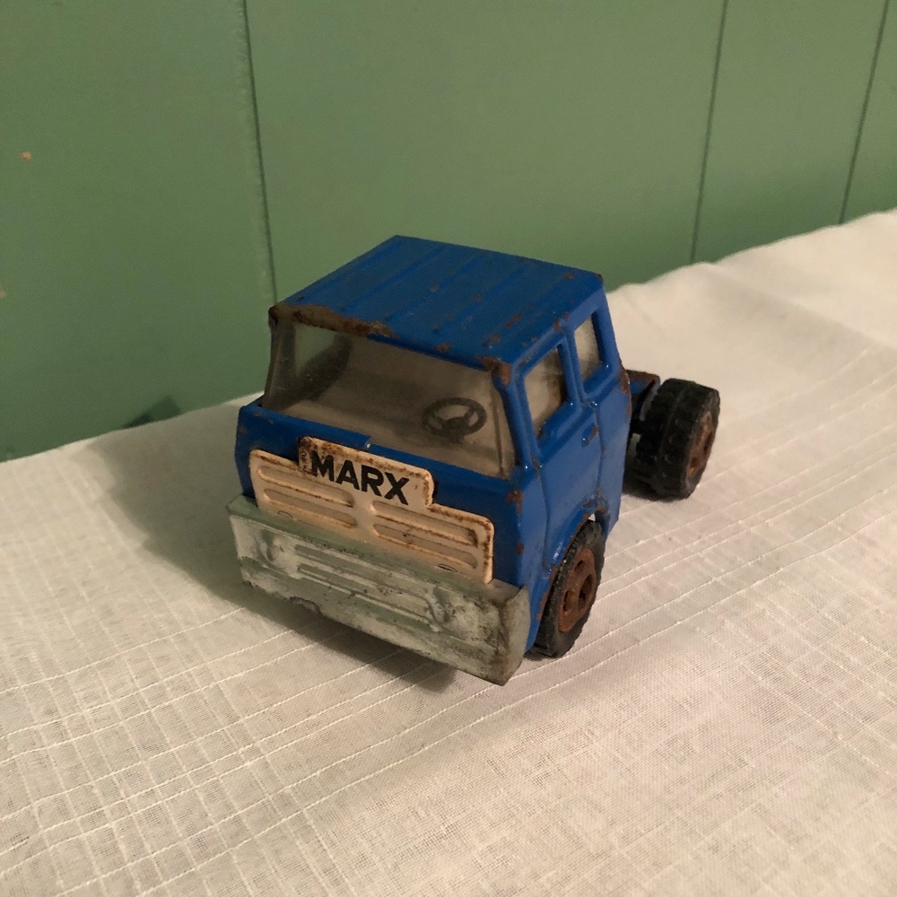 Vintage 1971 Marx Pressed Steel Metal Car Hauler Toy Truck Tractor Blue Japan